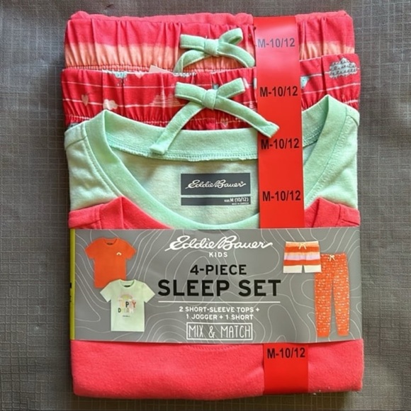 Eddie Bauer Girls Sleepwear Set 4 piece 2 Tops 1 Shorts 1 PJ Pants - Picture 2 of 6